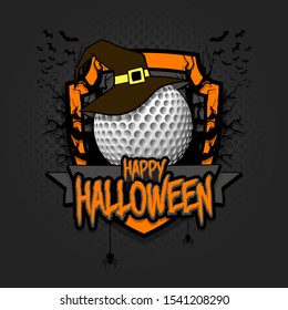 Halloween pattern. Golf logo template design. Golf ball in a hat on a background of spooky trees and bats with a shield. Pattern for banner, poster, party invitation. Vector illustration
