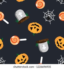 Halloween pattern grave in cemetery, orange pumpkin, spider and cobweb, sweet candy lollipop on dark background. Happy halloween pattern