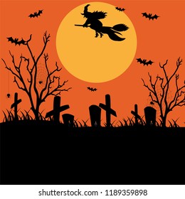 Halloween pattern with graves, bats, candles and on a black background.