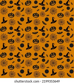 Halloween pattern  great seamless design for any purpose  Black spooky wallpaper illustrations bat  moon  pumpkin  cobweb  spider  hat 
