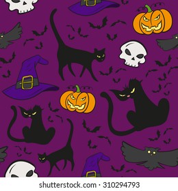Halloween Pattern. Hand Drawn Cats, Skulls, Pumpkins, Bats and Hats on a purple Background.