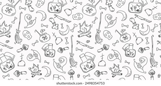 Halloween pattern. Hand drawn icons set. Seamless background. Holiday icons and attributes. Drawing, doodle.
Poison preparation on a fire. Witchcraft potion. Wizard hat.