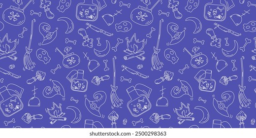 Halloween pattern. Hand drawn icons set. Seamless background. Holiday icons and attributes. Drawing, doodle.
Poison preparation on a fire. Witchcraft potion. Wizard hat.