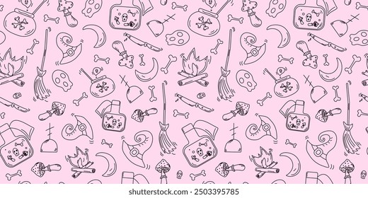 Halloween pattern. Hand drawn icons set. Seamless background. Holiday icons and attributes. Drawing, doodle.
Poison preparation on a fire. Witchcraft potion. Wizard hat.