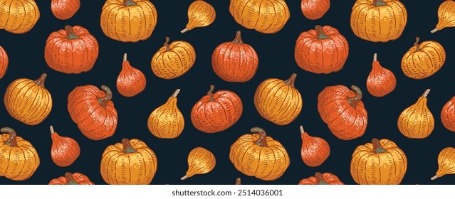 Patrón de Halloween de calabazas dibujadas a mano. Dibujo de verduras de otoño. Vector de calabazas de fondo sin fisuras de diferentes Formas. Para Halloween, postales, embalaje, diseño.