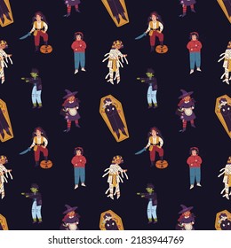 Halloween pattern with happy kids disguised in carnival costumes. Seamless holiday background with repeating print of cute Helloween children characters. Childish colored flat vector illustration