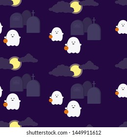 Halloween pattern. Holiday illustration with ghosts, moon, cloud, graves. Kawaii ghost. Cartoon style. Vector illustration. Poster, print