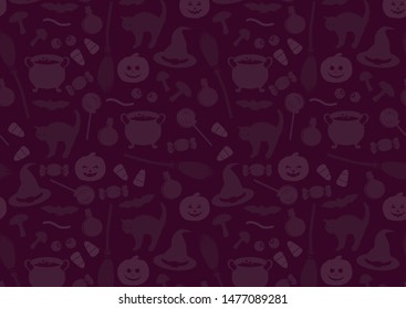 Halloween pattern. Holiday related objects silhouettes. Witches accessory set. Trick or treat wallpaper. Kids background. Funny scrapbook digital paper, textile print, page fill. Vector illustration