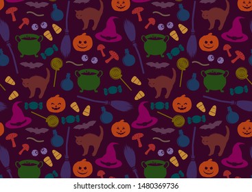 Halloween pattern. Holiday related objects silhouettes. Witches accessory set. Trick or treat wallpaper. Kids background. Funny scrapbook digital paper, textile print, page fill. Vector illustration