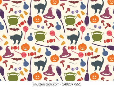 Halloween pattern. Holiday related objects silhouettes. Witches accessory set. Trick or treat wallpaper. Kids background. Funny scrapbook digital paper, textile print, page fill. Vector illustration