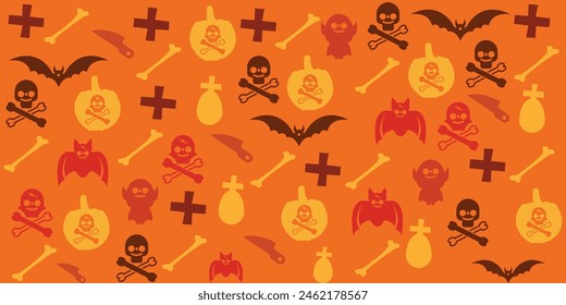 Halloween pattern horror background. Celebration with skull, bat, etc. Set of Halloween symbols, icons, and elements. Halloween orange pattern background. Halloween	