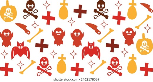 Halloween pattern horror background. Celebration with skull, bat, etc. Set of Halloween symbols, icons, and elements. Halloween orange pattern background. Halloween	