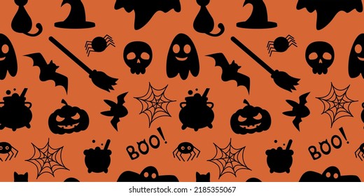 Halloween pattern. Horror background. Pumpkin wallpaper design with graphic spider and skull, scary, spooky ghost. Witch tools. Decor textile, wrapping paper. Vector seamless texture