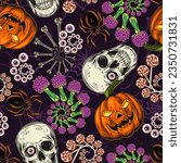 Halloween pattern with human skull, pumpkin head, fractal spirals with lollipop, colorful mushroom fly agaric, eyeballs, bones. Grunge distorted silhouette of spider web with spiders behind.