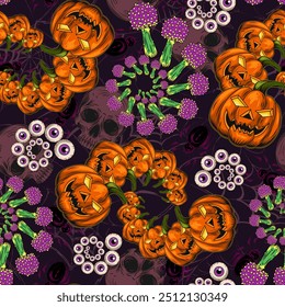 Halloween pattern with human skull, pumpkin head, fractal spirals with colorful mushroom fly agaric, eyeballs. Grunge distorted silhouette of spider web with spiders behind.