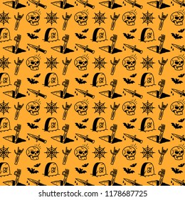 HALLOWEEN PATTERN ICONS SKULL BATS TOMBSTONE DAGGER ROCK SIGN ORANGE BACKGROUND