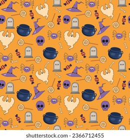 Halloween pattern illustration with ghost halloween candy and spiders