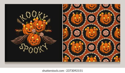 Halloween pattern, label with circles, bones, pumpkin heads like happy kids, traditional candy, sweets. criss crossed brooms, text Kooky spooky. Staggered arrangement of elements. Vintage style. Not A