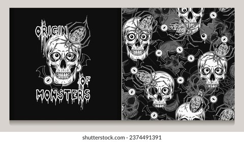 Halloween pattern, label with flying eye monsters, skull with red eyeballs, crawling robot spiders, grunge distorted silhouette of spider we, text. Freaky, creepy, spooky illustration in vintage style