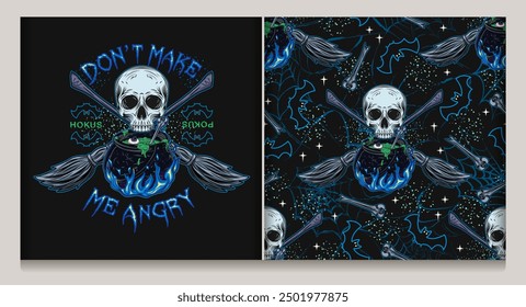 Halloween pattern, label with witch cauldron with bubbling green potion, half skull, criss crossed brooms, silhouette of bat, distorted silhouette of spider web, bones, little stars. CMYK blue