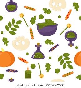 Halloween pattern and leaves, skull, potion, candles, pumpkin, candy in cartoon style on a white background.
