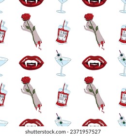 halloween pattern, lips with vampire fangs, hand drawn funny abstract background, spooky print, hand holding red rose. Blood juice, eye ball cocktail with martini glass, holiday vector illustration  