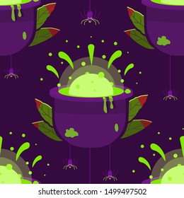 Halloween pattern. Magic cauldron with poison. Dark purple, green colors.