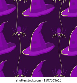 Halloween pattern. Magic hats and spiders on web. Dark purple and green colors.