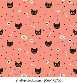 Halloween pattern in minimalistic doodles style. Used pink black and white. A cute cat, stars, stickers, cross and bones. Ideal for print, textile, web or social media.
