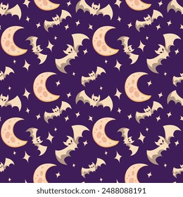 Halloween pattern with moon and bats. Scary holiday horror sketch art. Magic halloween pattern print.