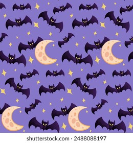 Halloween pattern with moon and bats. Scary holiday horror sketch art. Magic halloween pattern print.