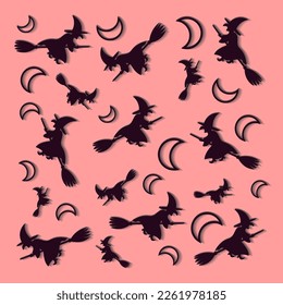 Halloween pattern with moon and flying witches on a pink background vector