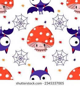 halloween pattern mushroom and bat in doodle style vector illustration