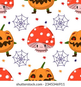halloween pattern mushroom and pumpkin in doodle style vector illustration.