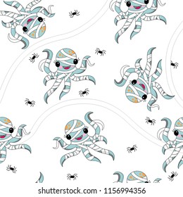 Halloween pattern with an octopus in different costumes for the holiday.