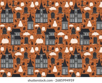 Halloween pattern on brown background with elements such as RIP sign, pumpkin, ghost, cross, castle.