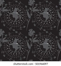Halloween pattern on a dark background,Seamless pattern with a picture of a witch's profile framed by black roses