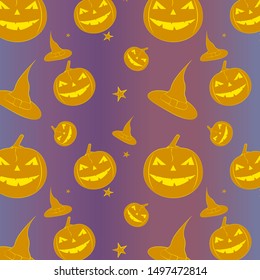 Halloween pattern on gradient background. Pumpkin, hat, stars, magic.EPS10 VECTOR