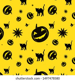 Halloween pattern on orange background. Pumpkin, hat, stars, magic. Eps10 vector