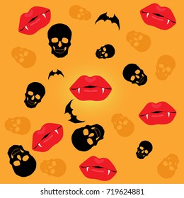 Halloween pattern on orange background with skulls, a bat and lips with fangs