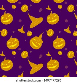 Halloween pattern on purple background. Pumpkin, hat, magic. Eps10 vector