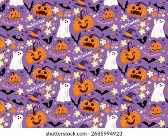 Patrón de Halloween sobre fondo púrpura con Elementos como jack-o-lantern, fantasma, murciélago, sombrero de bruja.