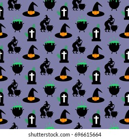 Halloween pattern on the purple background. Vector illustration