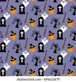 Halloween pattern on the purple background. Vector illustration