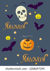 Halloween. A pattern on the theme of the Halloween holiday. The word Halloween, pumpkin, skull, bats and candy. On a dark blue background. Vector flat image.