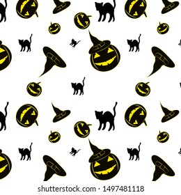 Halloween pattern on white background. Pumpkin, hat, cat, magic. Eps10