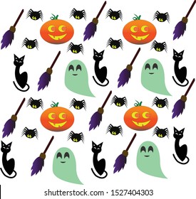 Halloween pattern on the white background pumpkins, cats, brooms and spiders vector design illustration