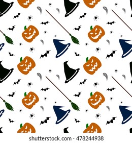 Halloween pattern on white background. Pumpkin, ghorst, hat, bat, broom. Vector illustration.