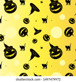 Halloween pattern on yellow background. Pumpkin, hat, moon, magic. Eps10 vector