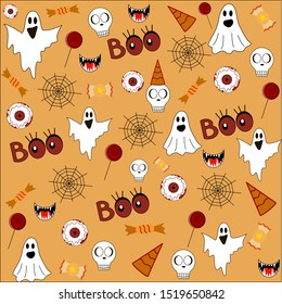 Halloween pattern, orange background with images - ghosts, holiday hat, lettering, spider web, sweets, lollipop, fangs, vampire, bloody eye Halloween vector illustration